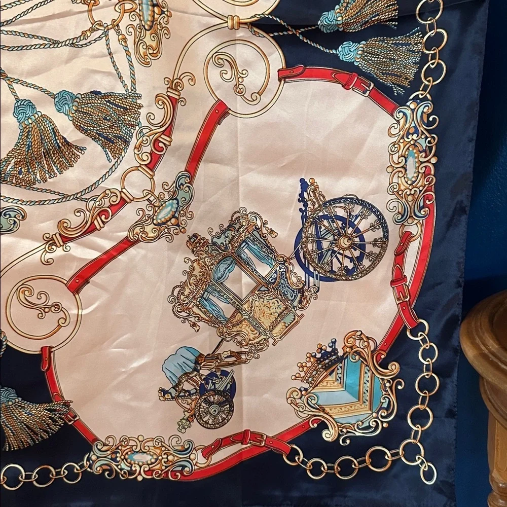 Elegant Navy & Pink Polyester Scarf with Intricate Carriage Design 35.5”